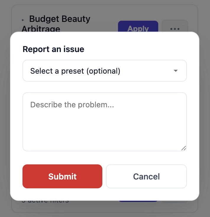 KeepaVault Report an issue dialog with preset selector and description field