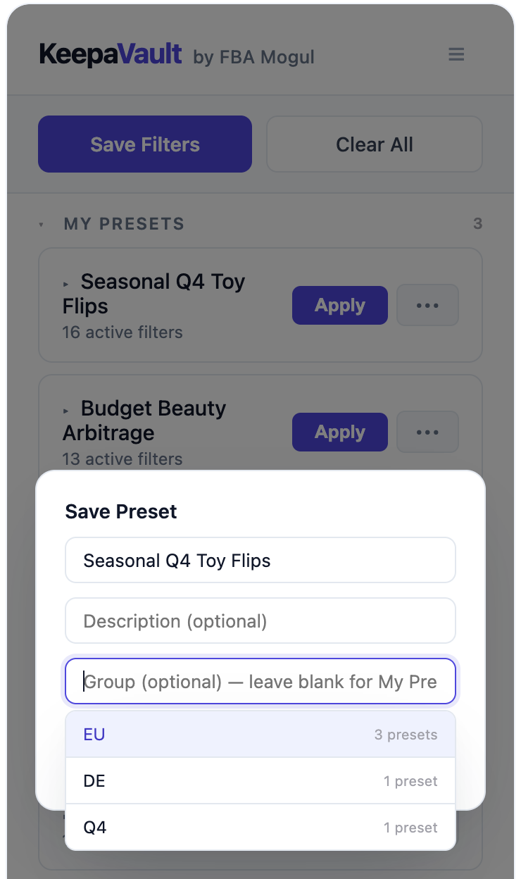 Save Preset dialog showing group autocomplete suggestions